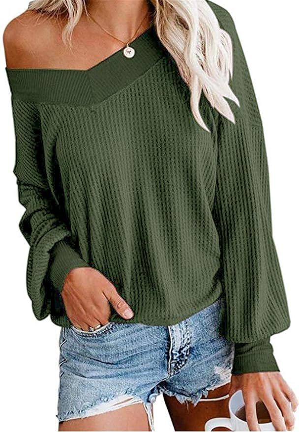 UGET Women's V Neck Long Sleeve Waffle Knit Top Off Shoulder Pullover Slouchy Sweater | Amazon (US)