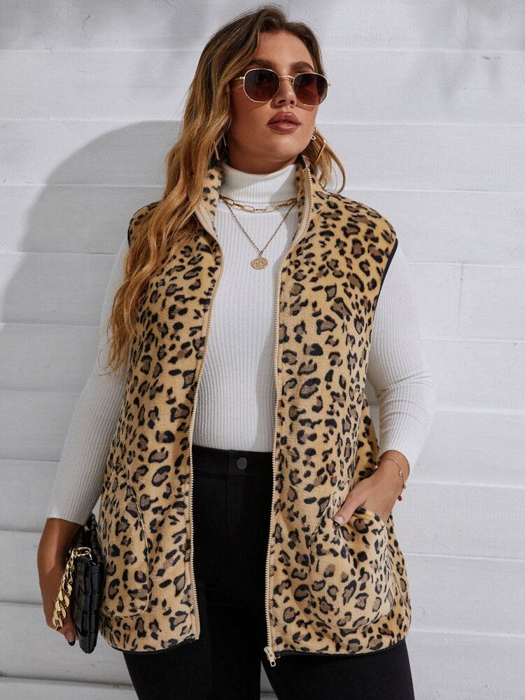 Plus Leopard Print Flannel Vest Coat | SHEIN