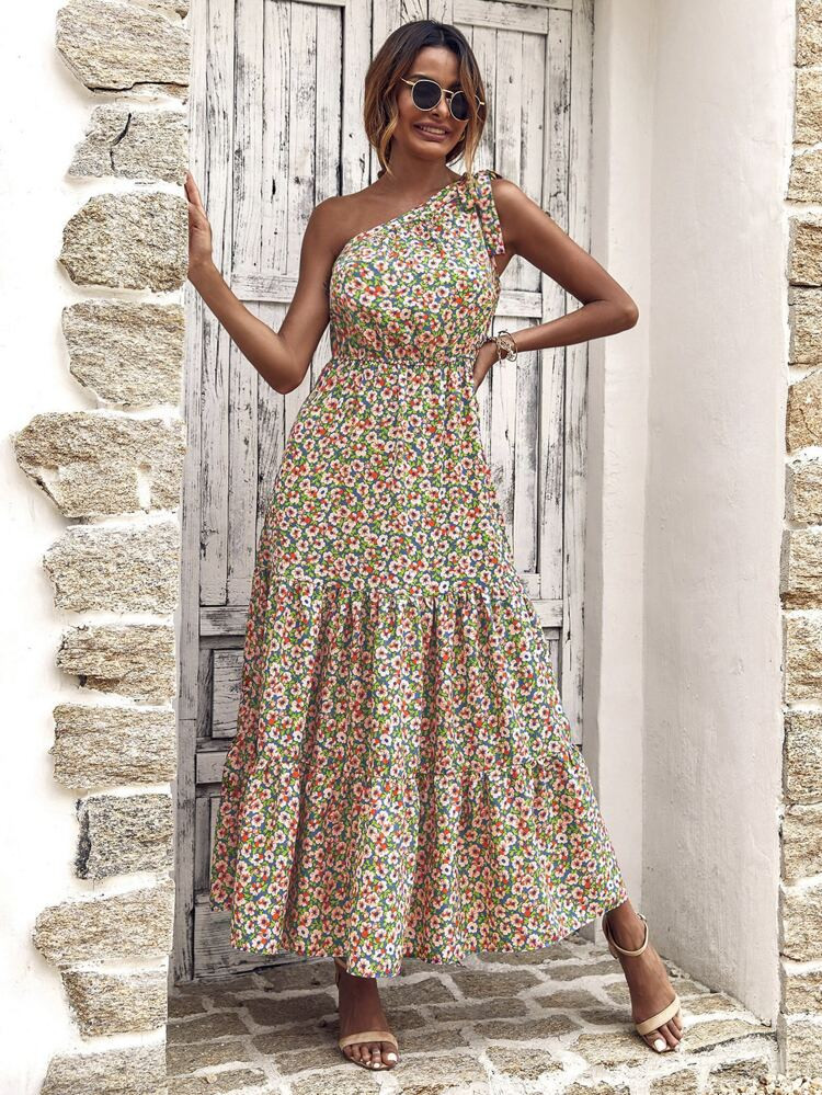 Allover Floral One Shoulder A-line Dress | SHEIN