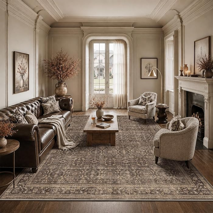 8x10 Dark Brown Vintage Soft Low Pile Non Slip Boho Washable Area Rug | Amazon (US)