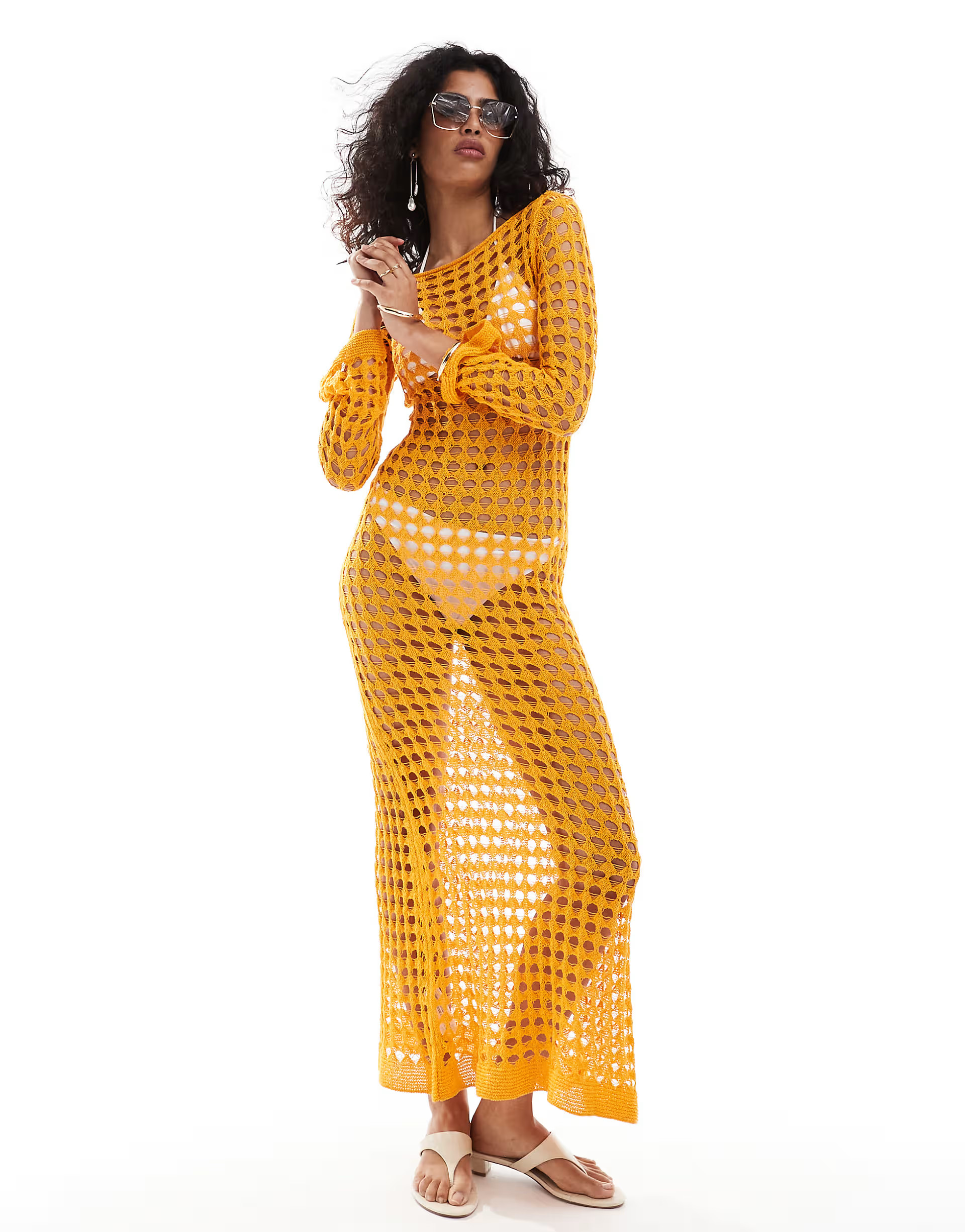 Mango long sleeve crochet maxi dress in orange | ASOS (Global)