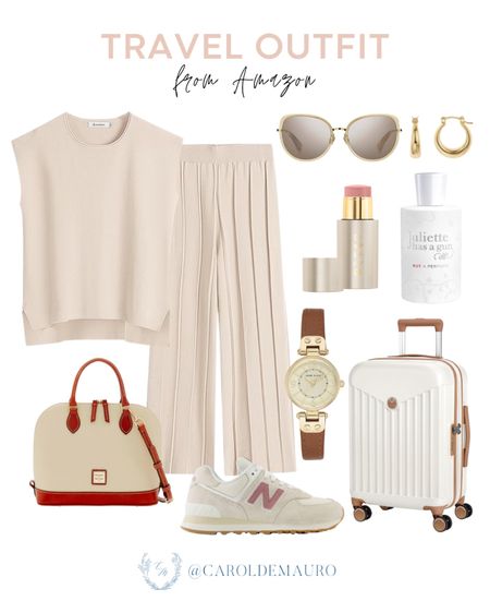 Style your next travel outfit with this comfy beige lounge wear top and pants set, brown sunglasses, gold accessories, and comfy neutral sneakers. Don't forget to bring a classic sachel bag and luggage!
#outfitidea #affordablefinds #airportoutfit #amazonfashion

#LTKStyleTip #LTKShoeCrush #LTKItBag