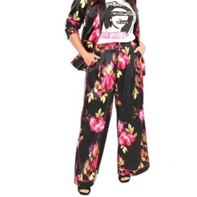 Torrid Satin High Rise Pull On Pants Pink Black Rose Floral Wide Leg Pockets 16 | eBay US