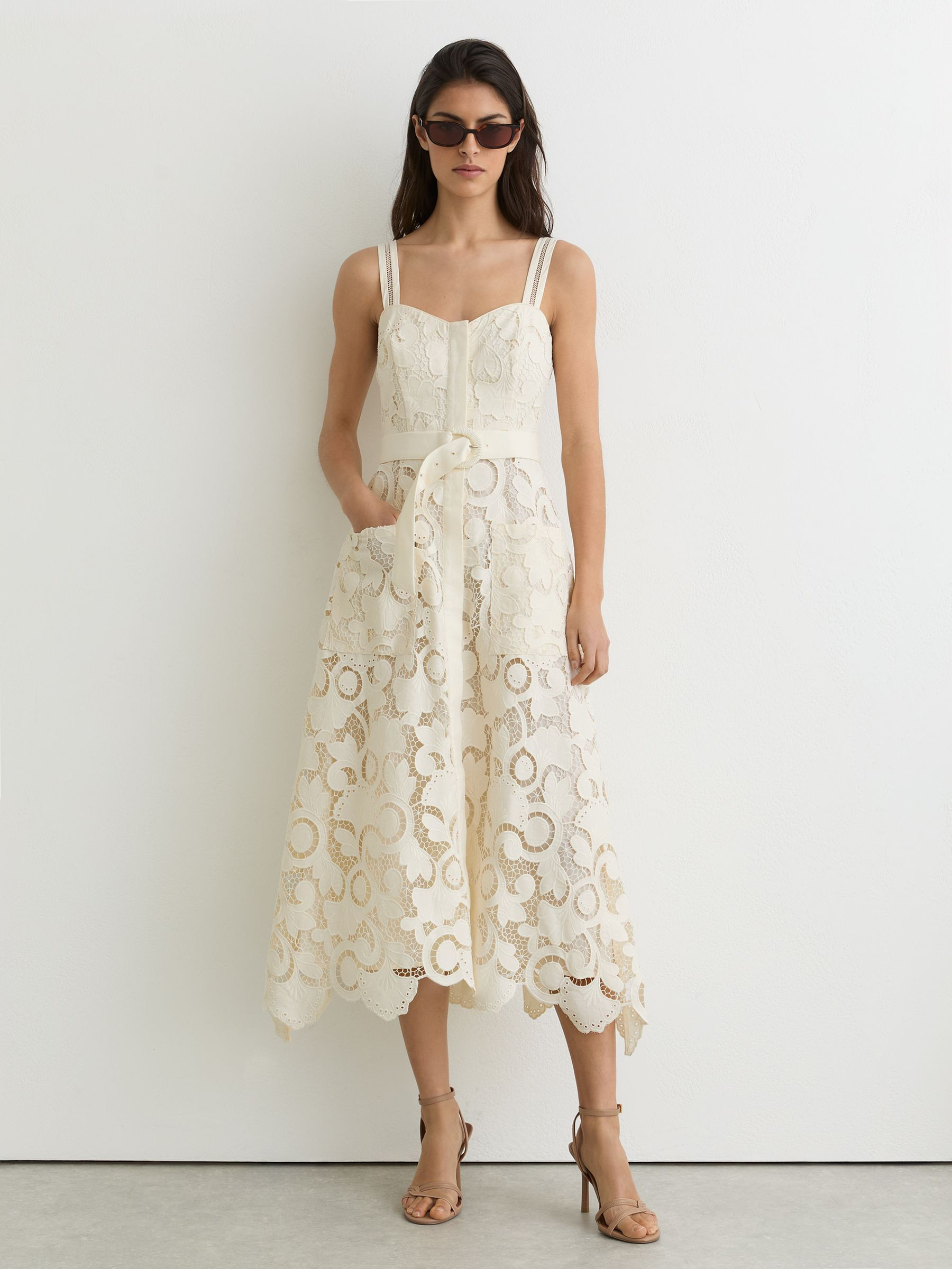 Reiss Cotton-Blend Lace Button-Front Midi Dress in Cream | REISS | Reiss DE
