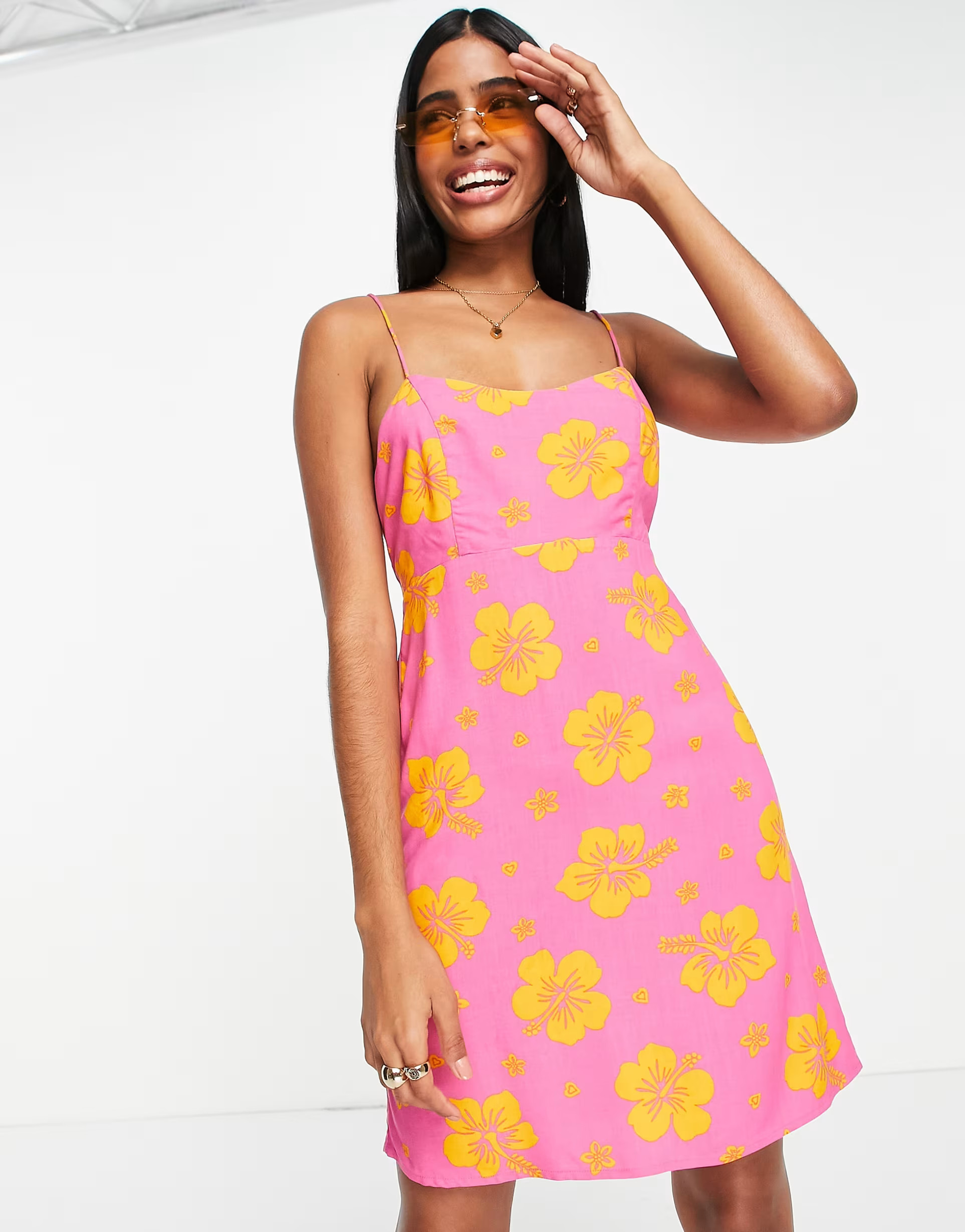 Miss Selfridge tie back mini slip dress in orange tropical floral | ASOS (Global)