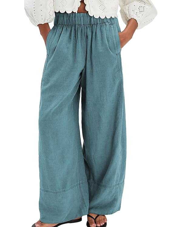 Linen Pants for Women Cotton Baggy Boho Casual Palazzo Pants Wide Leg Long Lounge Trousers with P... | Amazon (US)