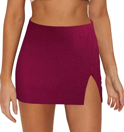 EG CHRIS G Red Mini Skirt Women's High Waisted Stretch Fitted Bodycon Skirt with Slit (XS, Red | Amazon (US)