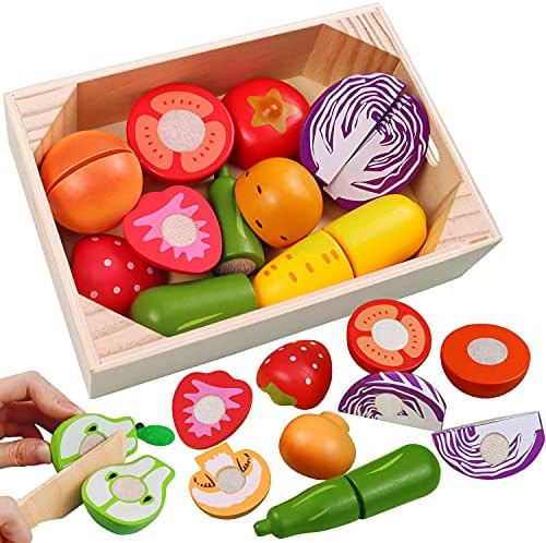 PEBIRA Wooden Play Food Set for Kids Play Kitchen with Wood Crate and Knife, Cutting Food, Fruit ... | Amazon (US)