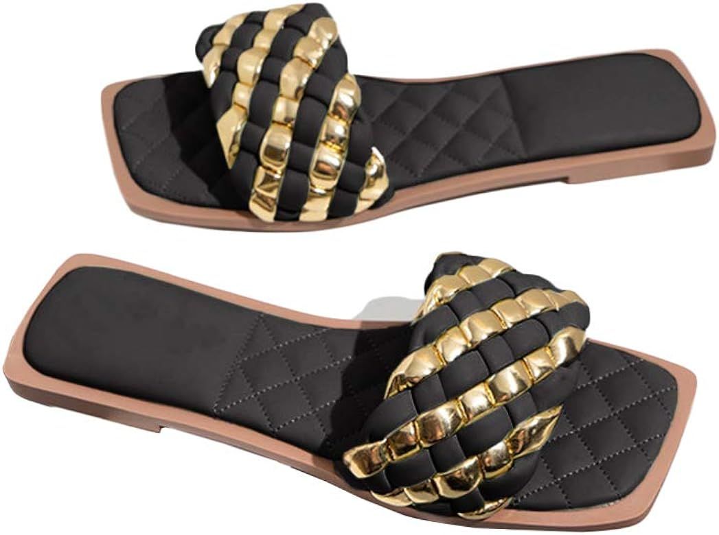 Trish Lucia Womens Square Open Toe Flat Sandals Slip On Mule Slides Braided Strap Slipper | Amazon (US)