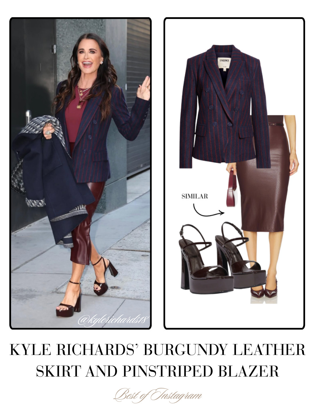 Kyle Richards' Navy Blue Pinstriped Blazer, Burgundy Leather Skirt and Platform Peep Toe Sandals / Photo: @KyleRichards18 

 