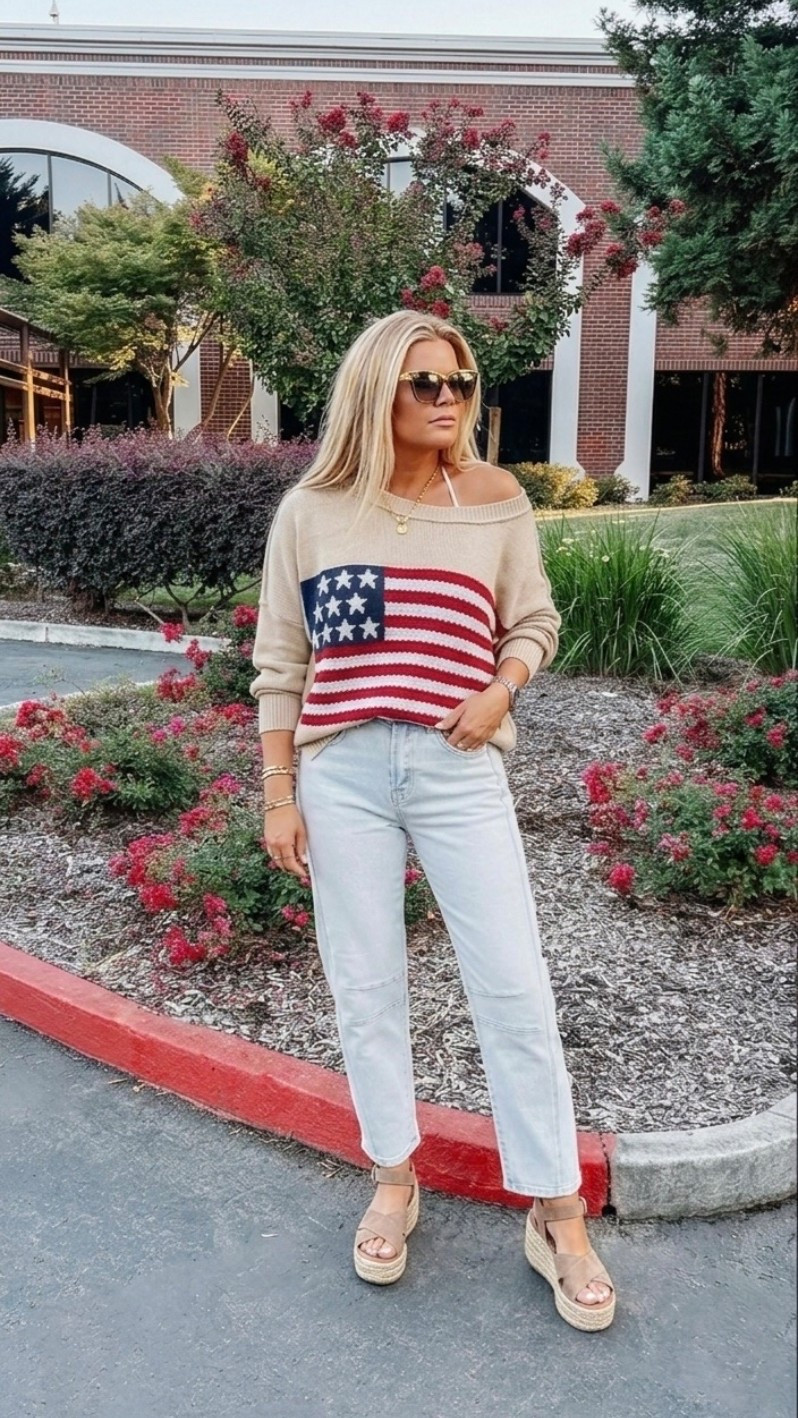 The ultimate "cool girl" Americana aesthetic.

Obsessed with how this flag knit sweater pairs with these high-rise barrel jeans. It's the perfect blend of cozy and structured. Finished the look with my go-to platform wedges for that extra height and effortless vibe. This outfit is a total mood for the season!

#LTKunder100 #AmericanaStyle #SummerVibes
#OOTD

#LTKstyletip #LTKspring #LTKjeans