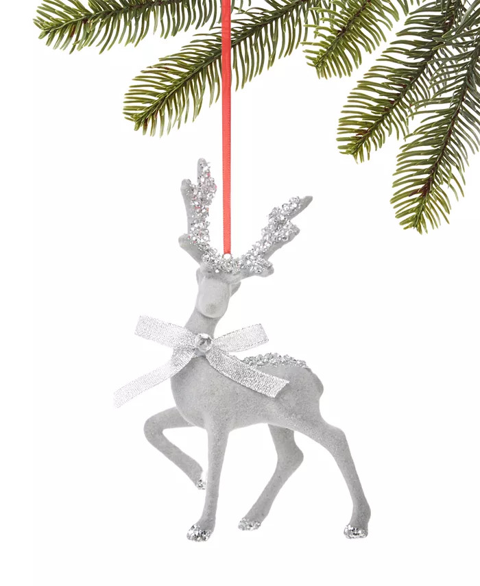 Silver Bells Sliver Glitter Deer with Bow Ornament, Created for Macy's | Macy's