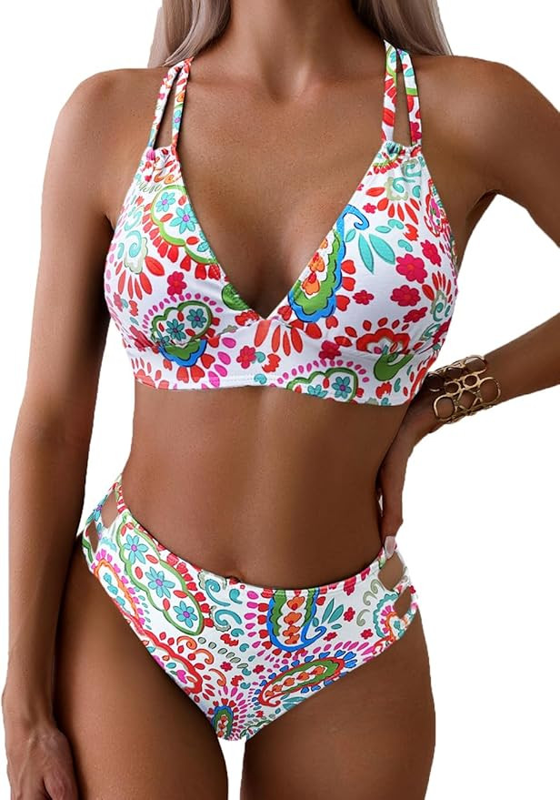Tainehs Women's Push Up V Neck Bikini Sets Criss Cross Back Two Piece Bathing Suit | Amazon (US)