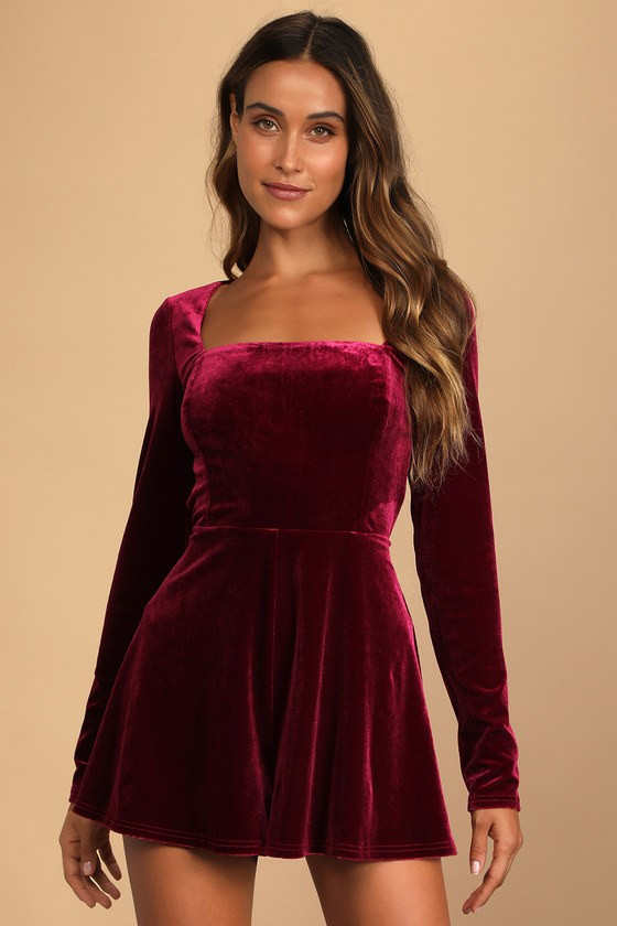 Feeling Cheery Burgundy Velvet Long Sleeve Tie-Back Romper | Lulus