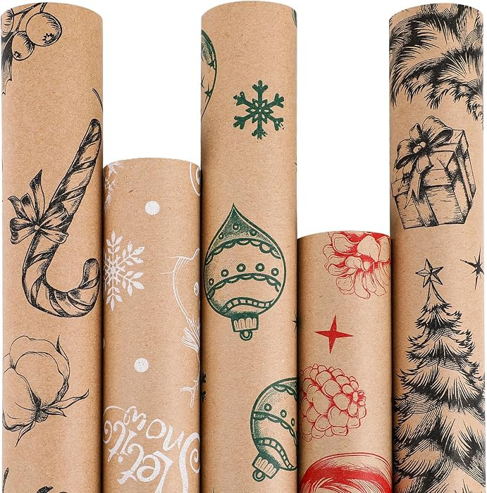 KIMOBER 5 Rolls Christmas Wrapping Paper,Brown Kraft Paper with Retro Xmas Elements and Cut Lines... | Amazon (CA)