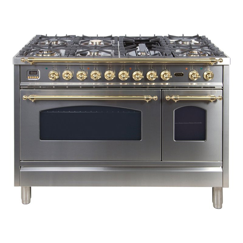 ILVE Nostalgie 48" NG Metal Double Oven Dual Fuel Range in Brass | Cymax