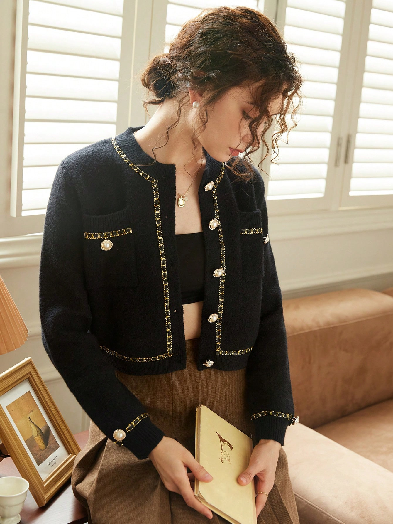 Knit Mix Cardigans acabamento de contraste botão frontal bolso remendado | SHEIN