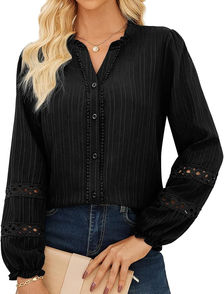 GRACE KARIN Women Dressy Casual Tops Long Sleeve Button Down Ruffle V Neck Blouse Business Work S... | Amazon (US)