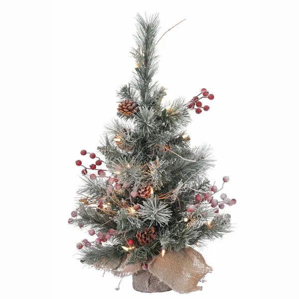 Vickerman Green Plastic 2-foot Snow Tipped Pine and Berry Artificial Christmas Tree with 35 Warm White LED Lights | Bed Bath & Beyond