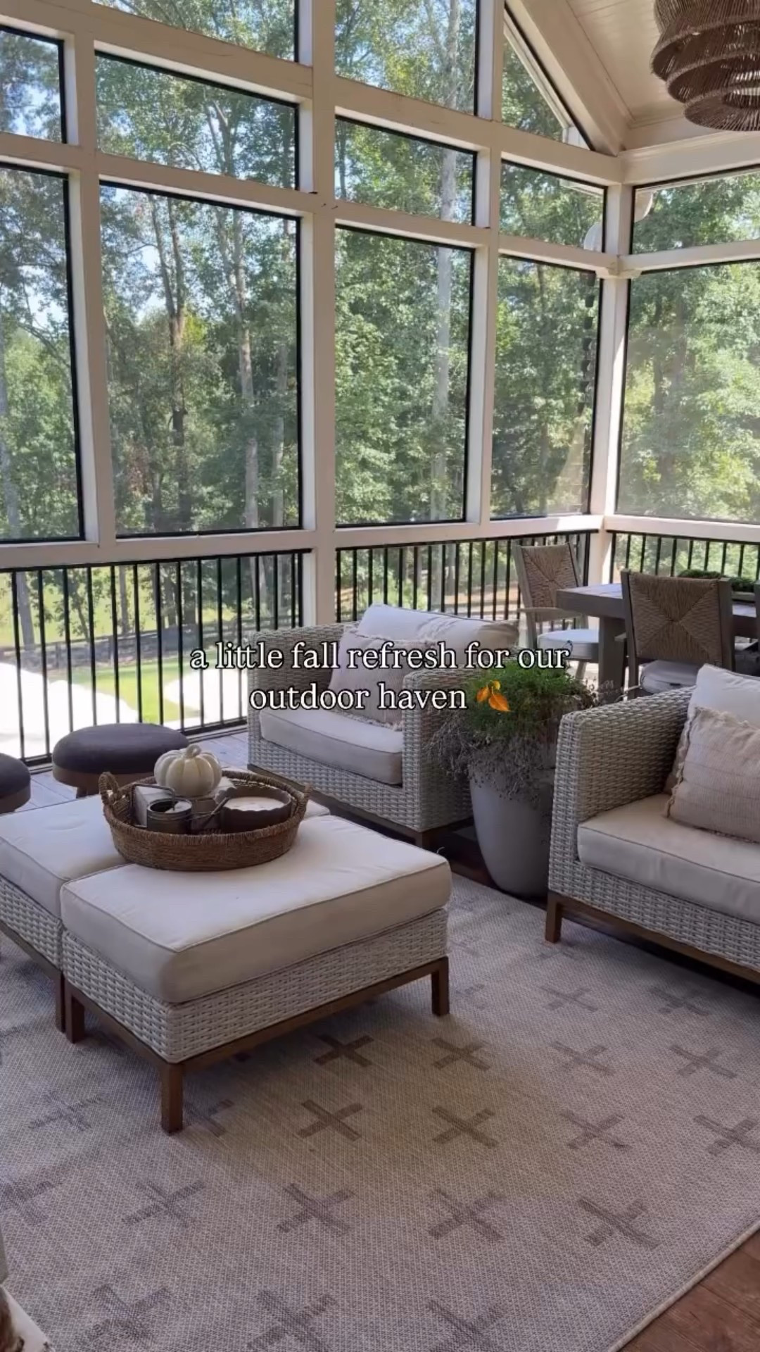 can’t wait to add some cozy blankets and pillows to the swing and snuggle out here in the crisp air 🍂🕯️one of my favorite spaces in our home 🫶🏼☁️#falldecor #homedecor #patio