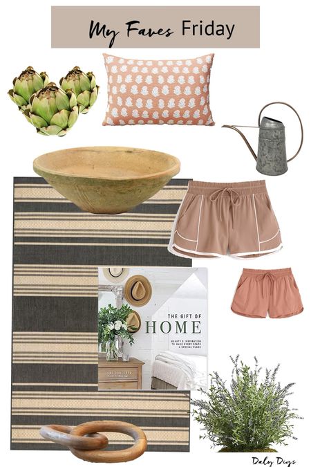 My favorite things from this week! A new outdoor, gorgeous faux lavender plants and a watering can for the front porch, a design book, terra cotta bowl and wood chain link for styling the office, some workout shorts in the best colors ever and a new pillow I scored for the entryway. 