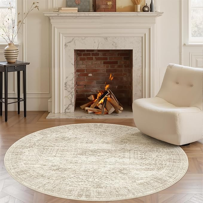 Soalmost 6x6 Beige Round Rug 6ft Living Room Circle Rug Vintage Round Area Rug Non Slip Indoor Ca... | Amazon (US)