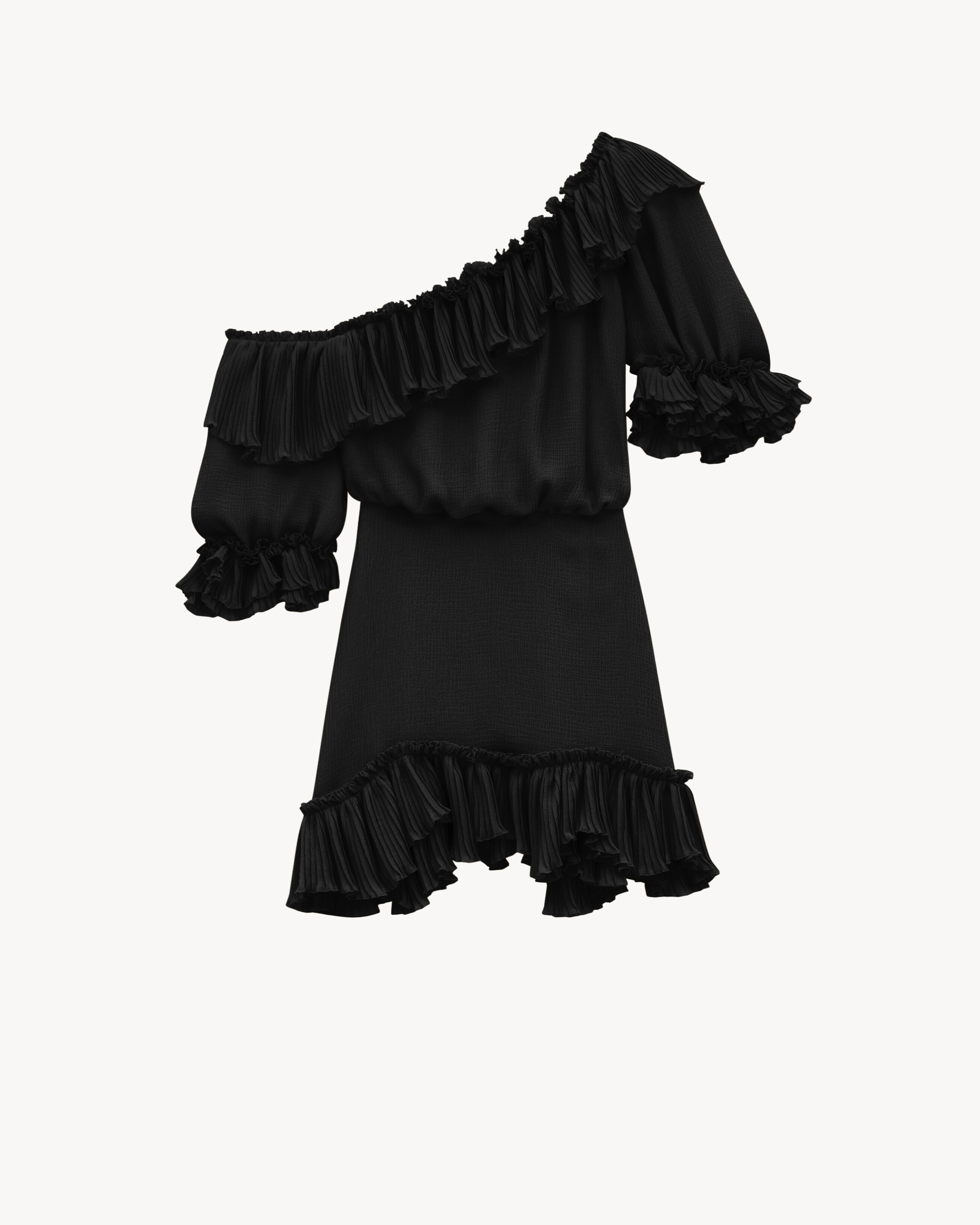 Robe asym\u00e9trique semi-transparente en soie certifi\u00e9e, munie de manches po\u00e8te mi-lo... | Saint Laurent Inc. (Global)
