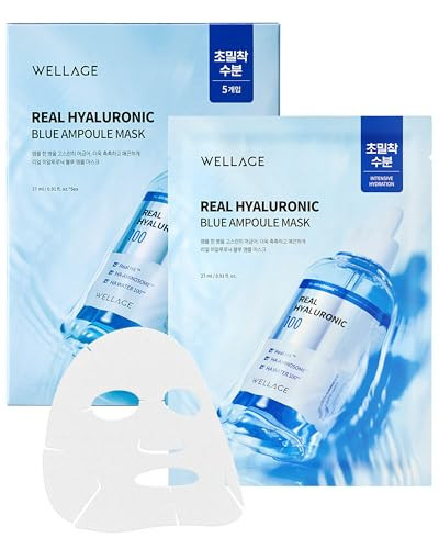 wellage Real Hyaluronic Blue Ampoule Face Mask - Deep Hydration, Moisture Boost with 10,000ppm Ultra-Low Molecular Hyaluronic Acid - Soft Vegan Cashmere Sheet for Sensitive Skin, 5 Sheets | Amazon (US)
