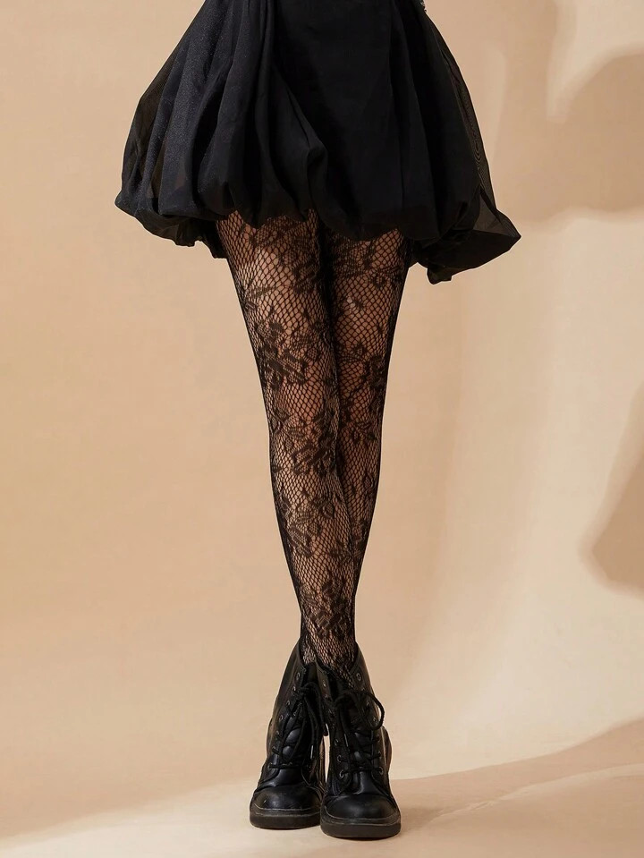 Flower Pattern Fishnet Black Tights | SHEIN USA | SHEIN
