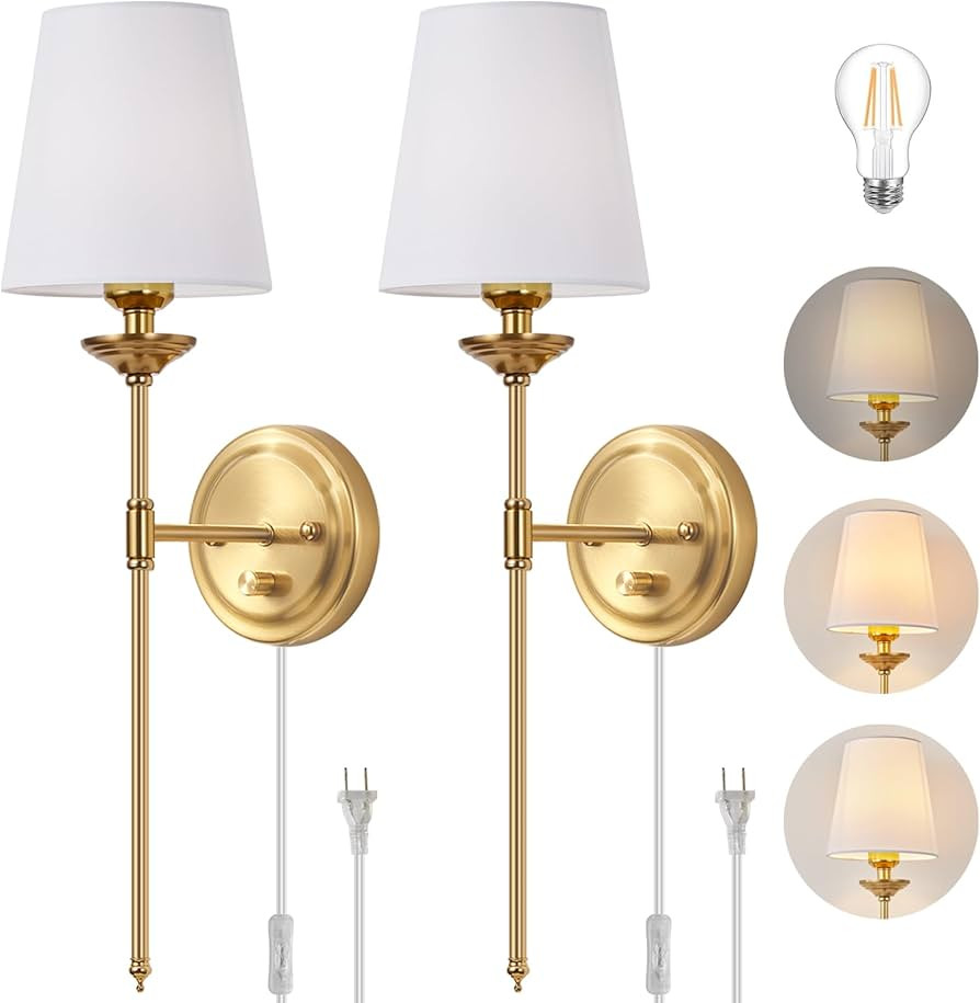 Dimmable Plug in Wall Sconces Set of 2, Gold Bedside Wall Lamp with Knob Dimmer Switch and 6.5FT ... | Amazon (US)
