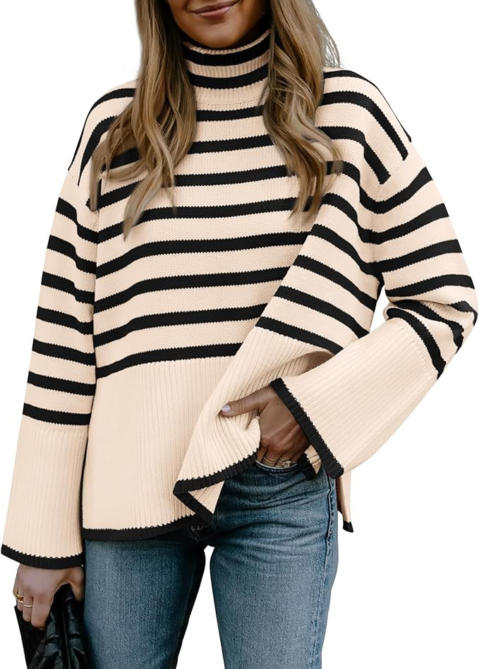 BTFBM Women Casual Turtleneck Striped Sweater 2024 Fall Winter Jumper Tops Long Sleeve Side Slit ... | Amazon (US)