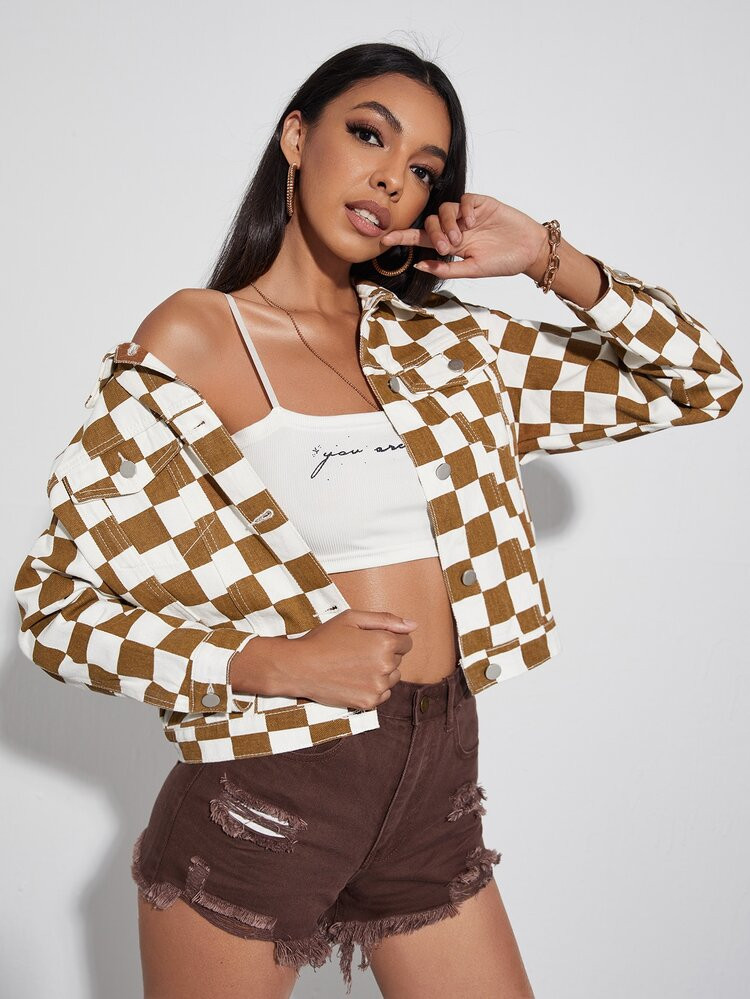 Drop Shoulder Checkered Denim Jacket | SHEIN