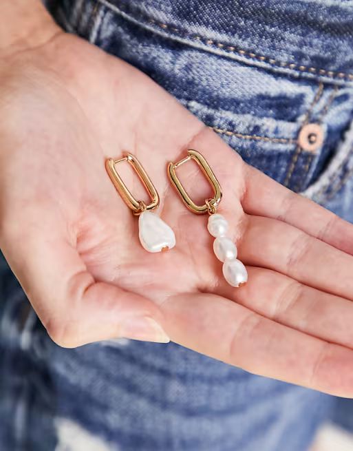 Accessorize Exclusive mismatched drop earrings in faux pearl and gold | ASOS (Global)