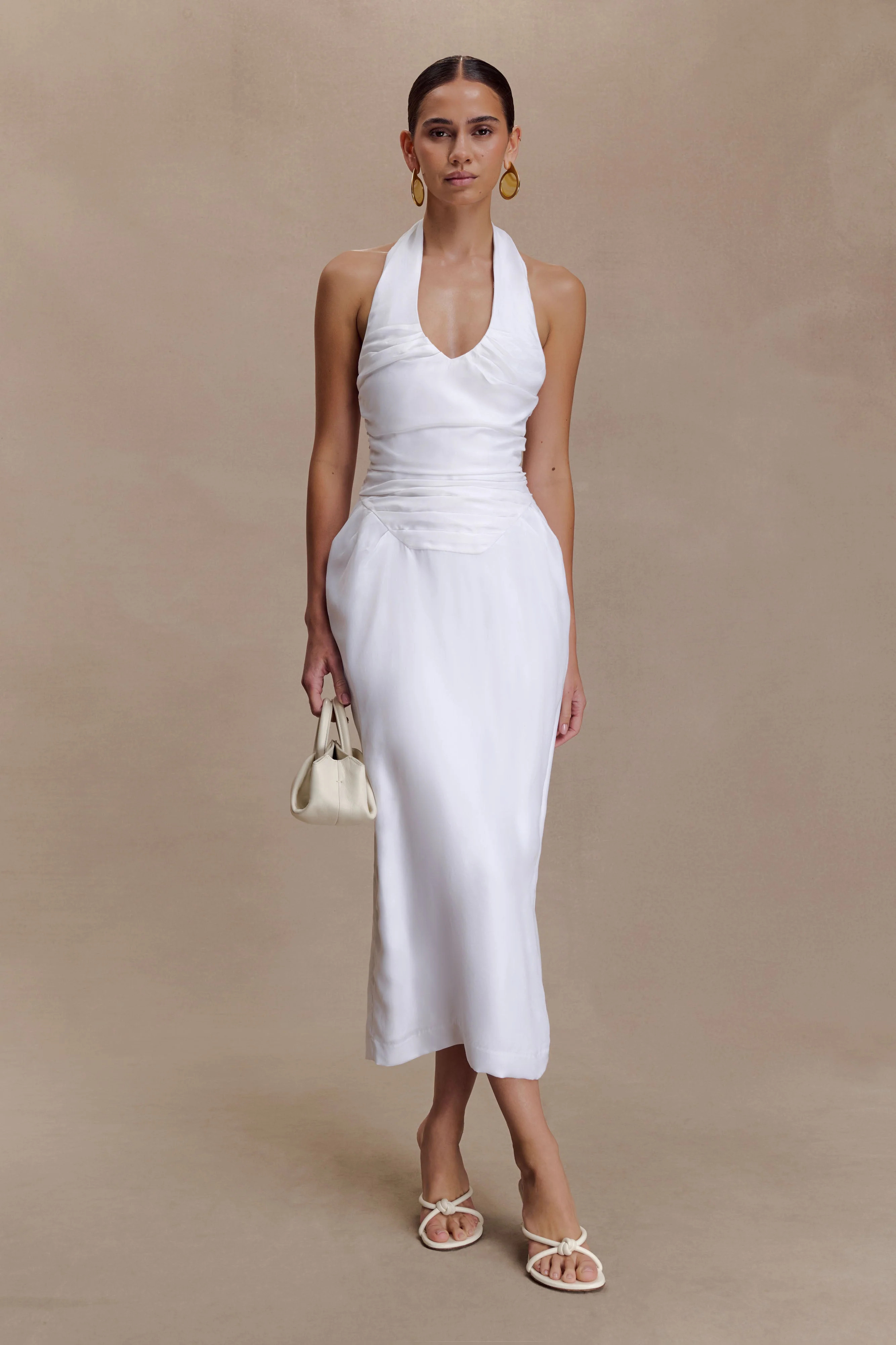 Daniela Ruched Halter Midi Dress - White | MESHKI US