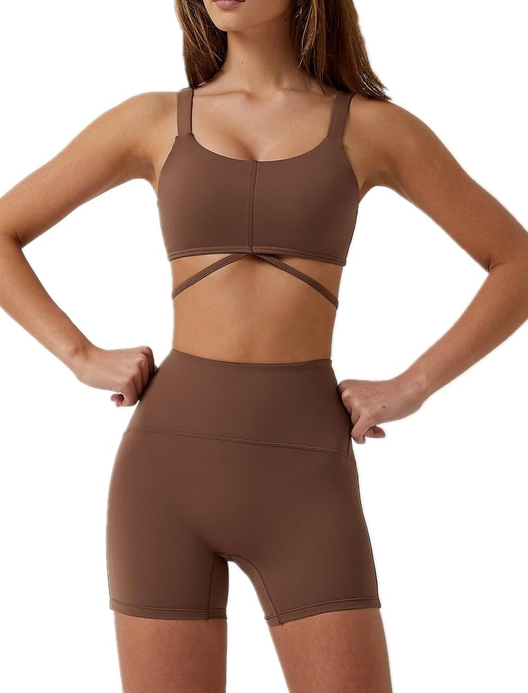 ABOCIW Workout Sets for Women 2 Piece Twist Front Halter Sports Bras High Waist Booty Shorts Exer... | Amazon (US)