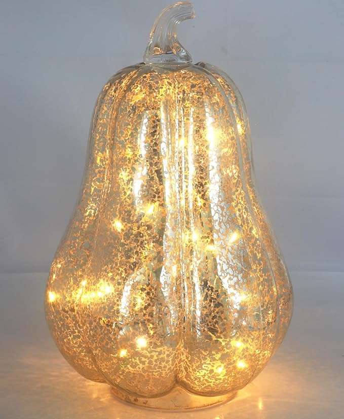 Mercury Silver Glass pumpkin-10 H with Lights， Glass Pumpkin for Home Decoration with Timer Lig... | Amazon (US)