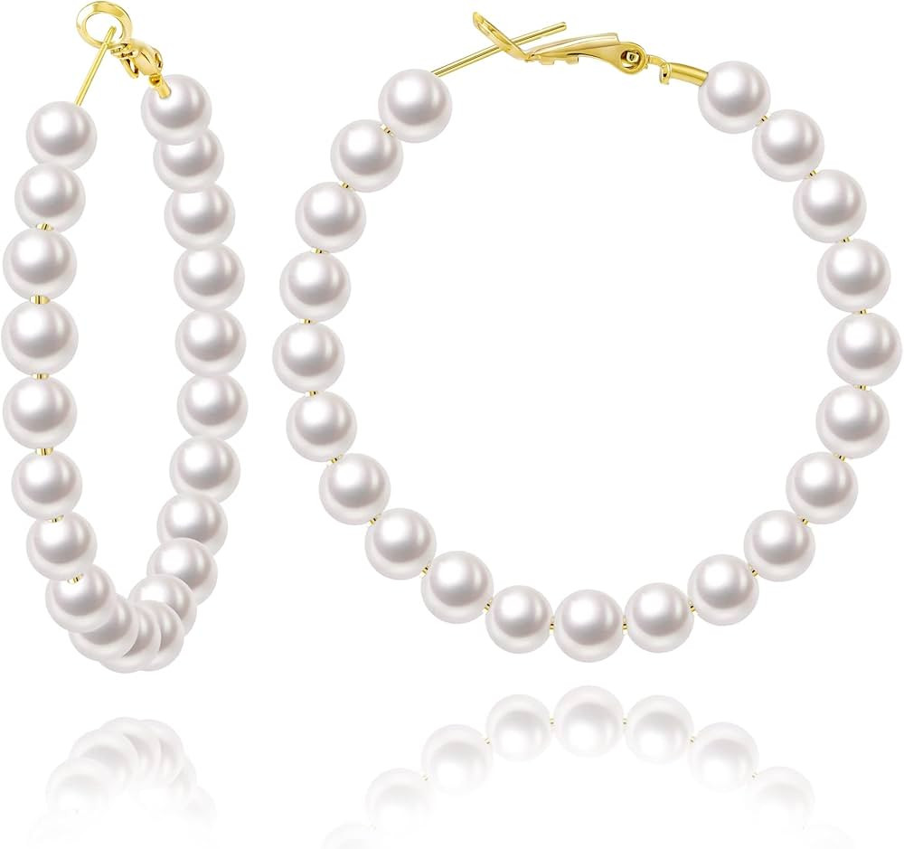 Gold Pearl Hoop Earrings for Women | 18K Gold Huggie Earrings | Lightweight Small Gold Hoop Earri... | Amazon (US)