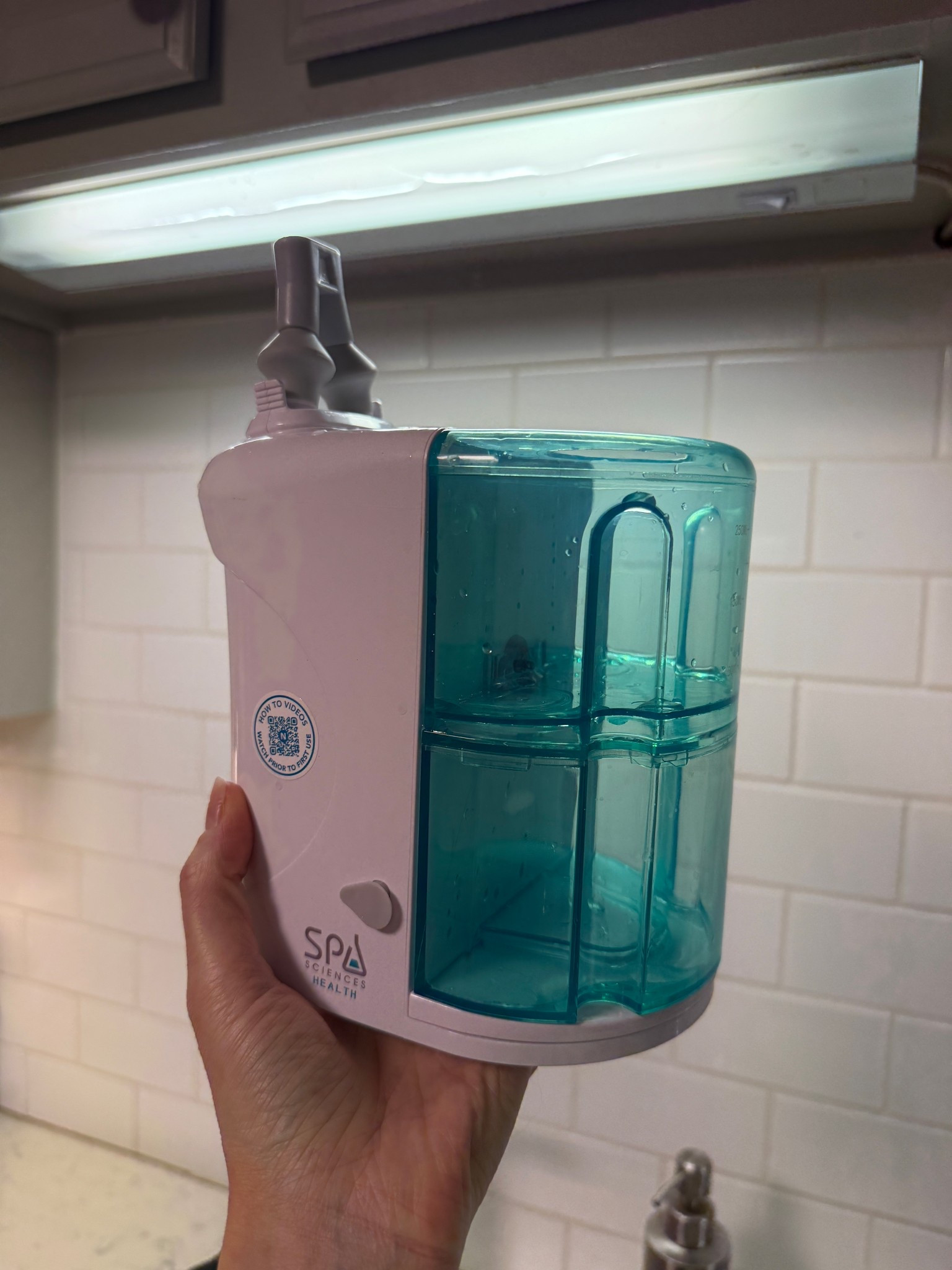 If you or your family is sick right now, I can’t recommend this product highly enough. This is like a netty pot to the extreme. It works so well to help decongest!