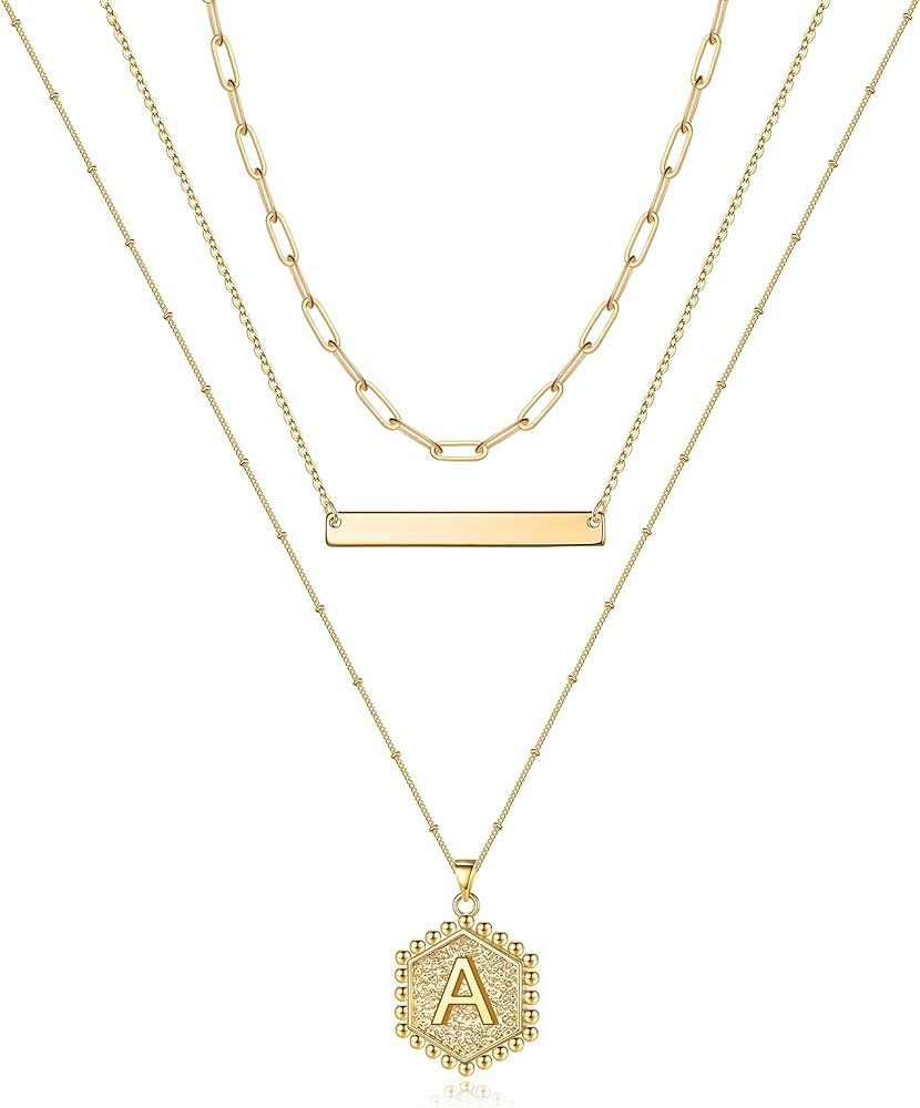 Gold Layered Initial Necklaces for Women, 14K Gold Plated Bar Necklace Handmade Layering Hexagon ... | Amazon (US)
