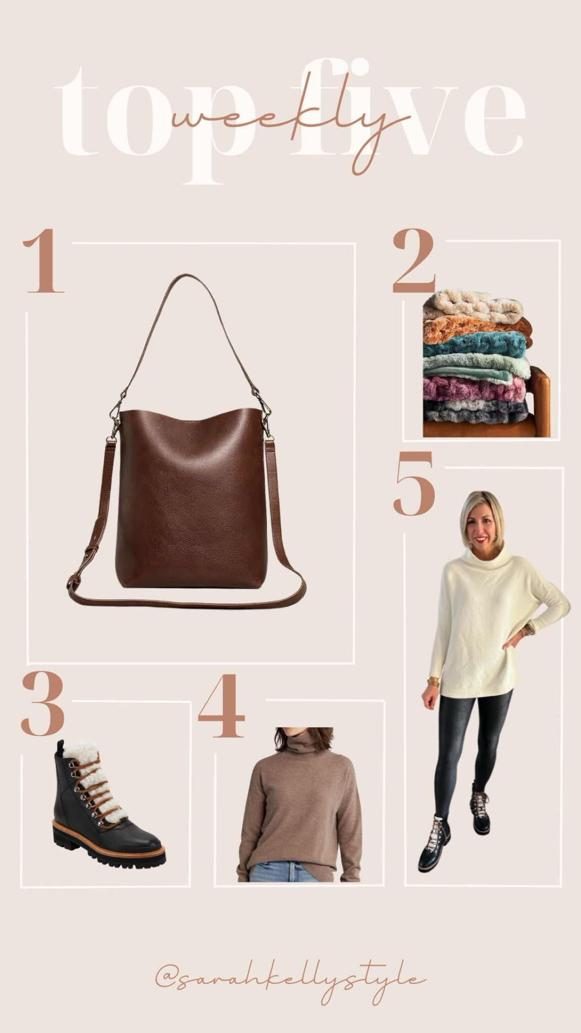 Weekly top five 

Bucket bag, faux fur blanket, shearling boots, cashmere sweater, faux leather leggings 

#LTKover40 #LTKstyletip #LTKSeasonal