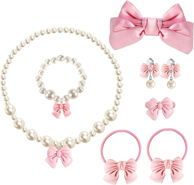 Handmade Bow Pearl Kids Jewelry for Little Girls Toddler Set of 8 pcs - Hair Bows Clips Ties - St... | Amazon (US)