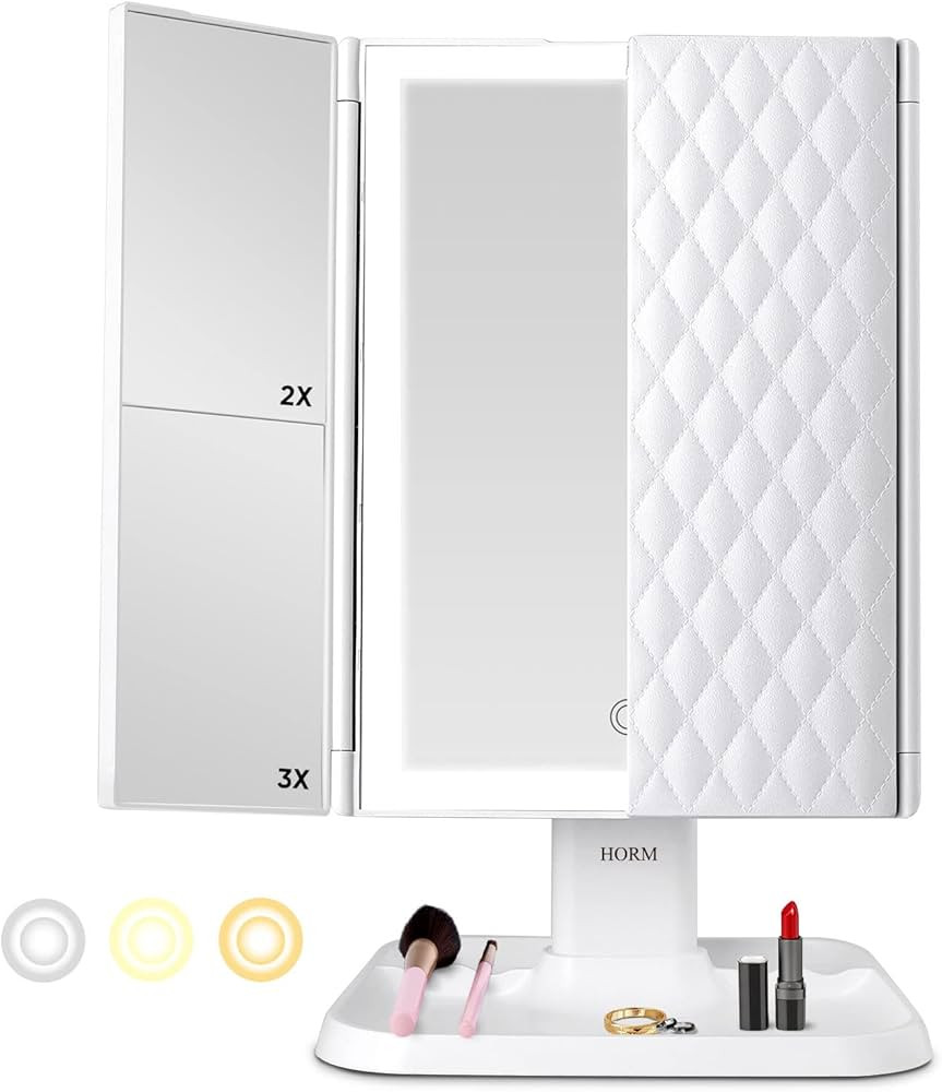 Makeup Mirror Vanity with Lights - 3 Color Lighting Modes 72 LED Trifold Mirror, 1x/2x/3x Magnifi... | Amazon (US)