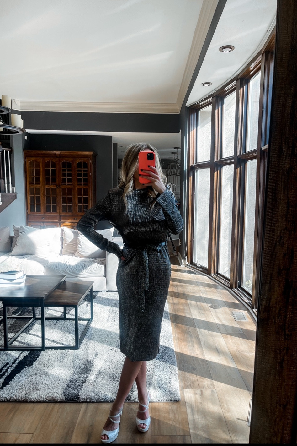 Black Metallic Holiday Dress Plisse Midi Long Sleeve Bodycon - only $26 😍 wearing size 4. Gorgeous structured shoulder padding

#LTKCyberweek #LTKsalealert #LTKunder50