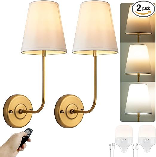 PASSICA DECOR Battery Operated Wall Sconces Set of 2 Two No Wiring Lamps with Dimmable Remoted Co... | Amazon (US)