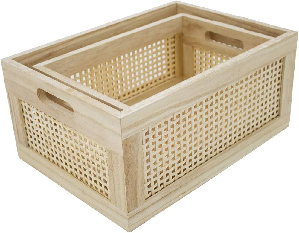 HDKJ Desktop storage basket, sundry office drawer storage box, wood frame storage basket. (Rectangle | Amazon (US)