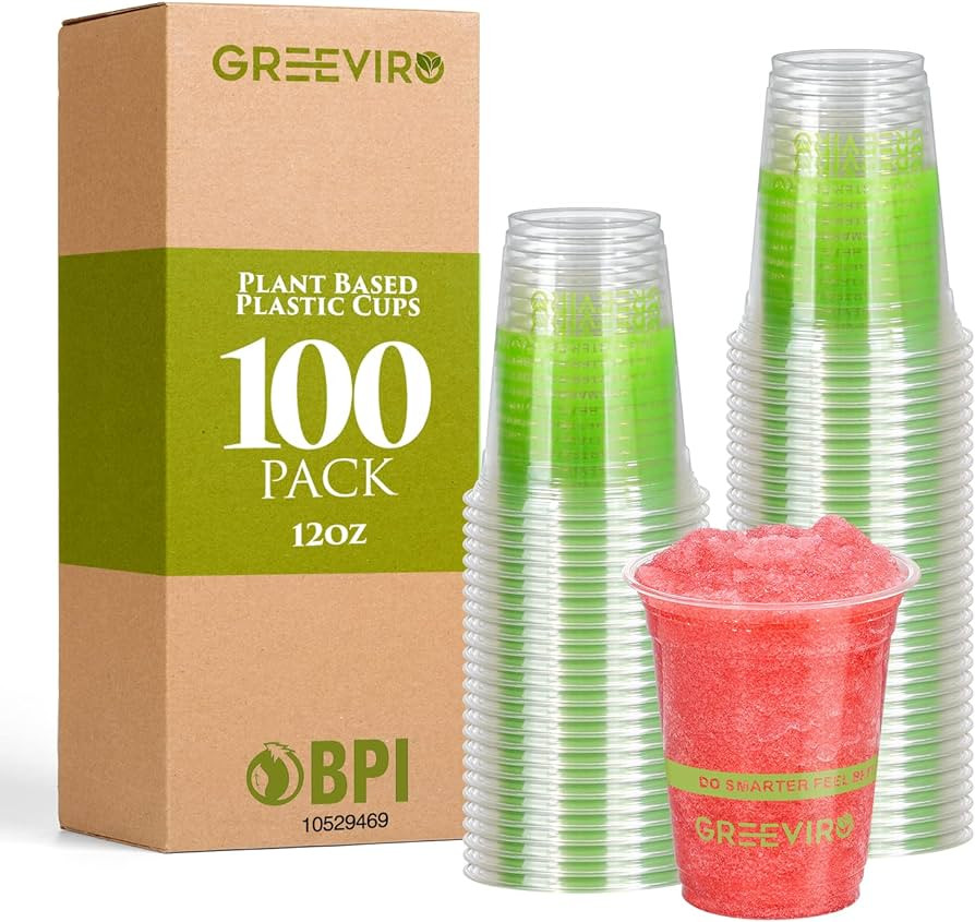 GREEVIRO Compostable Plant-Based Clear Plastic Cups 12oz Thick, Reusable, Disposable Iced Coffee ... | Amazon (US)