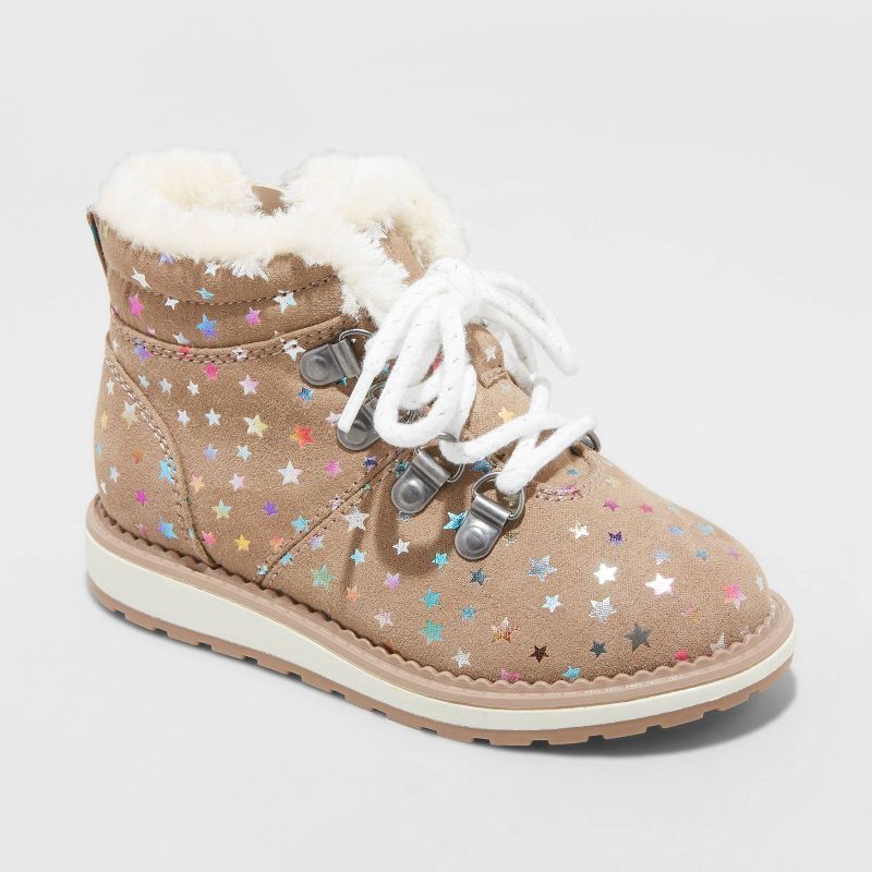 Toddler Girls&#39; Reed Zipper Combat Shearling Style Boots - Cat &#38; Jack&#8482; Taupe 5 | Target