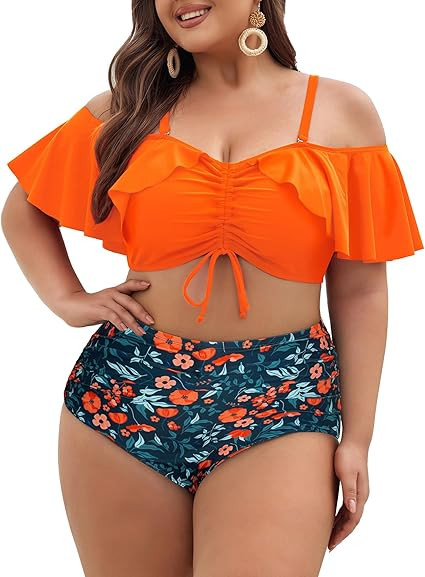 Hanna Nikole Plus-Size-Bikini Curvy Women Ruffle Drawstring Swimsuit 2 Piece Bathing Suit Ruched ... | Amazon (US)