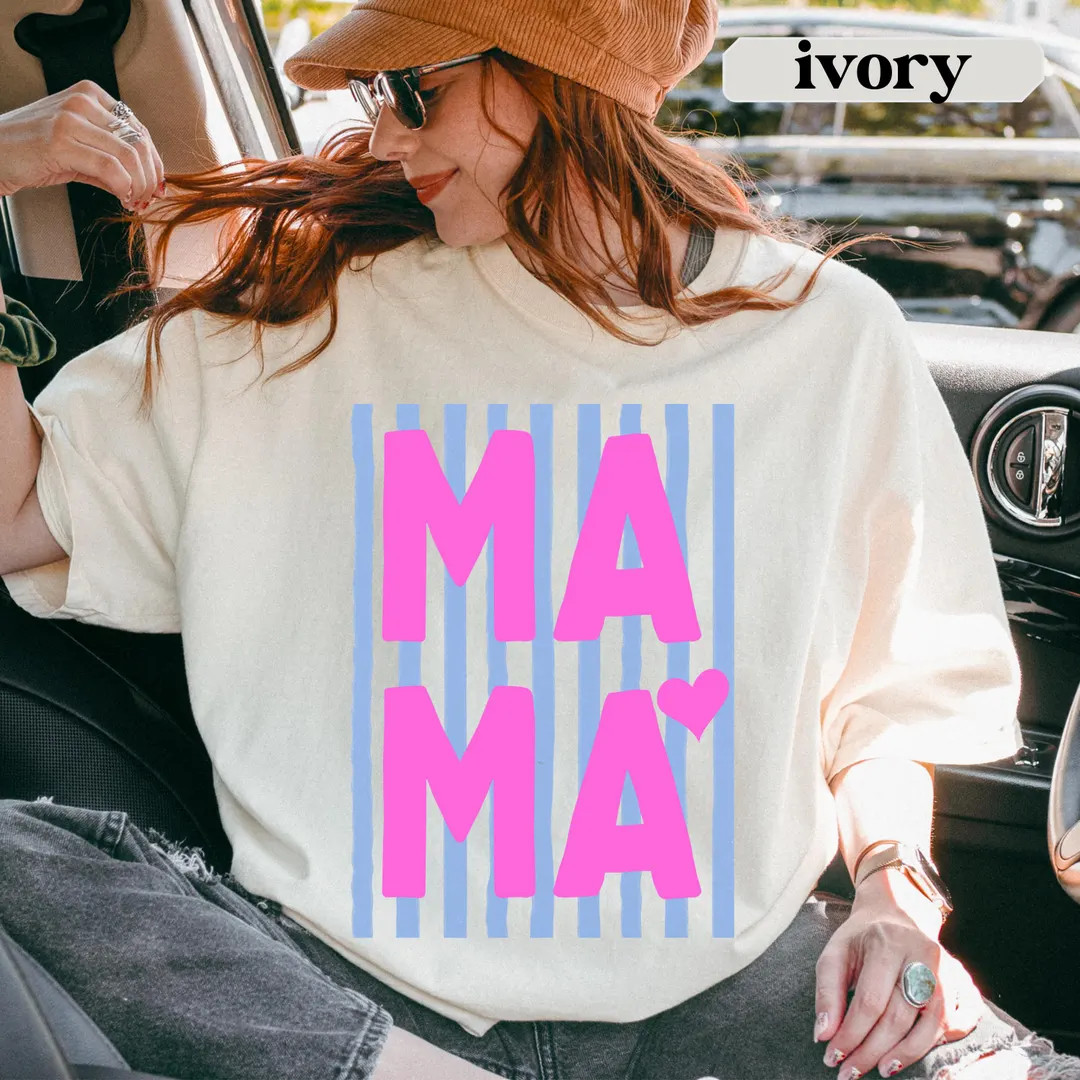 Comfort Colors® Mama Shirt, Pink Mama Graphic Tee, Striped Mama Shirt, Mothers Day Gift For Mom,... | Etsy (US)