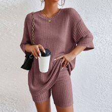 Drop Shoulder Ribbed Knit Tee Cycling Shorts | SHEIN